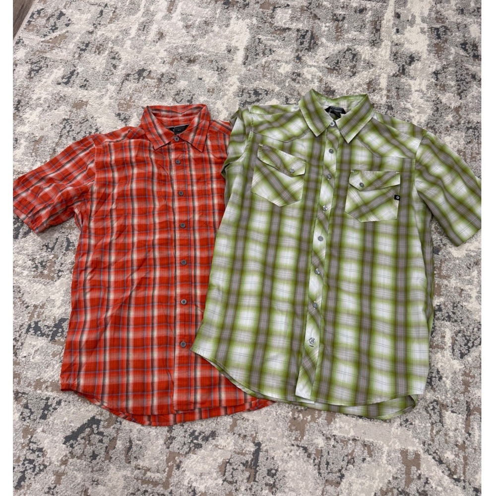Lot of 2 Marmot Mens Small Plaid Short Sleeve Button Down Shirt Orange Green